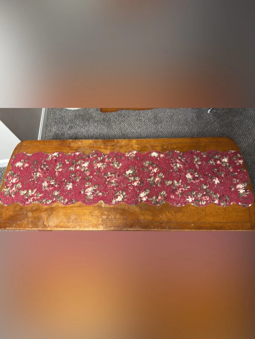 Floral Scalloped Edge Table Runner in Deep Red